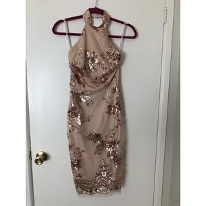 New with tags Missguided High neck Sequin trim midi dress in nude and rose gold